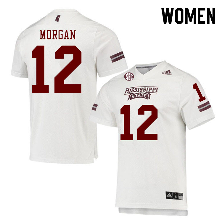 Women #12 Asher Morgan Mississippi State Bulldogs College Football Jerseys Stitched Sale-White - Click Image to Close